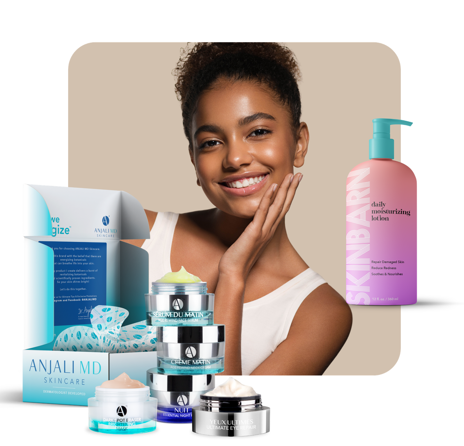 A skincare model next to various tailored skincare products